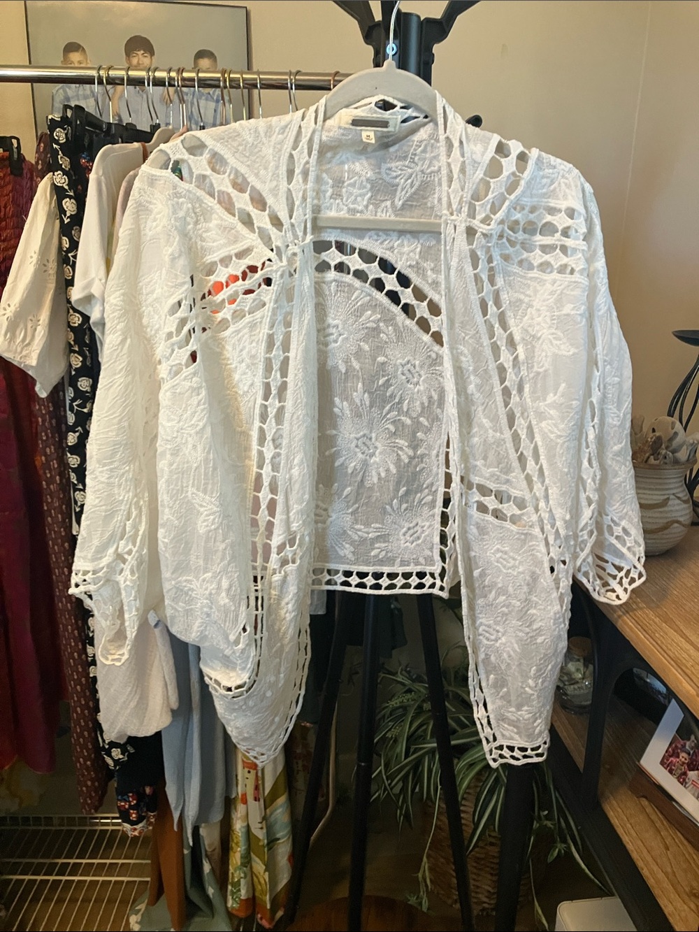 White Lace Crochet Open-Front Kimono Shrug
